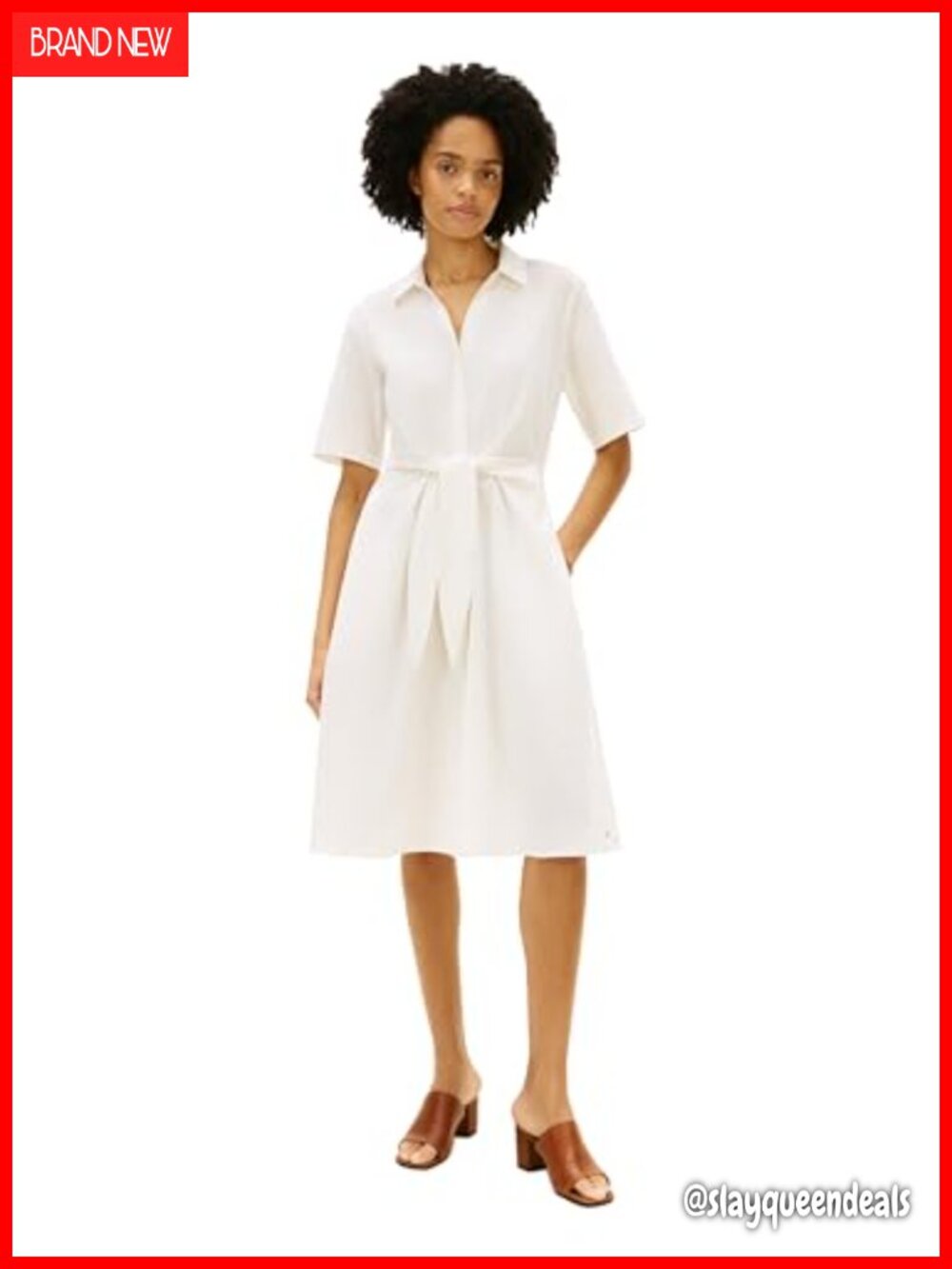 Linen Midi Shirt Dress Short Sleeve Button Up Waist Tie Pockets Casual